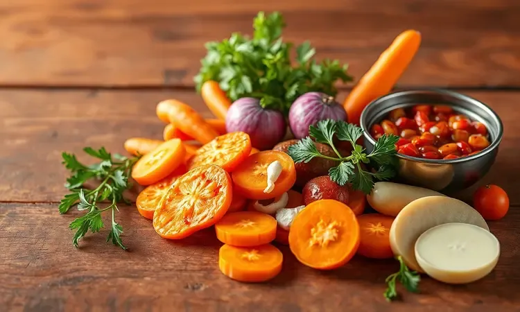 Ingredientes frescos e coloridos para recheio de carne dispostos de forma artística em uma superfície de madeira em renderização 3D.