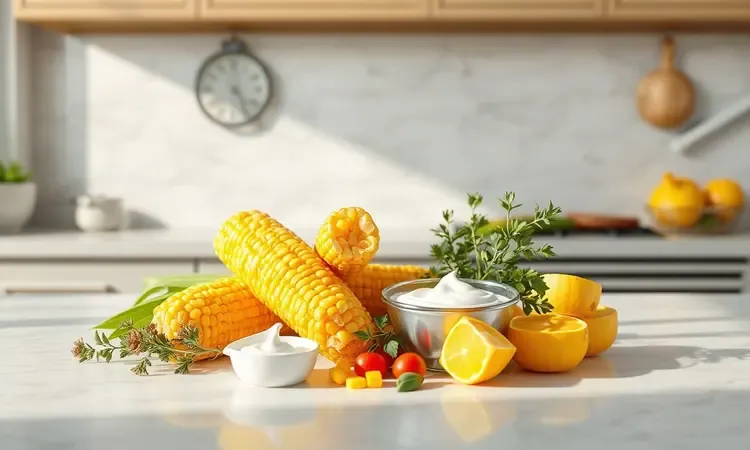 Ingredientes frescos como milho, creme e temperos organizados de forma artística para o preparo de fricassê.