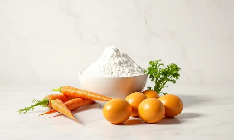Ingredientes frescos como cenouras e ovos organizados de forma artística em estilo 3D render.