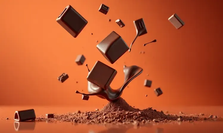 Representação 3D artística de ingredientes de chocolate como cubos de cacau e redemoinhos de leite em fundo vibrante.
