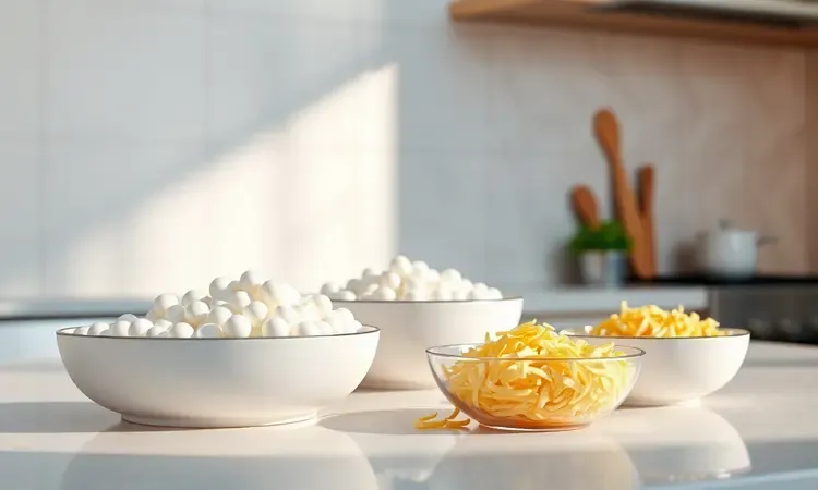 Ingredientes para pão de tapioca como farinha e queijo em recipientes elegantes em renderização 3D vibrante.