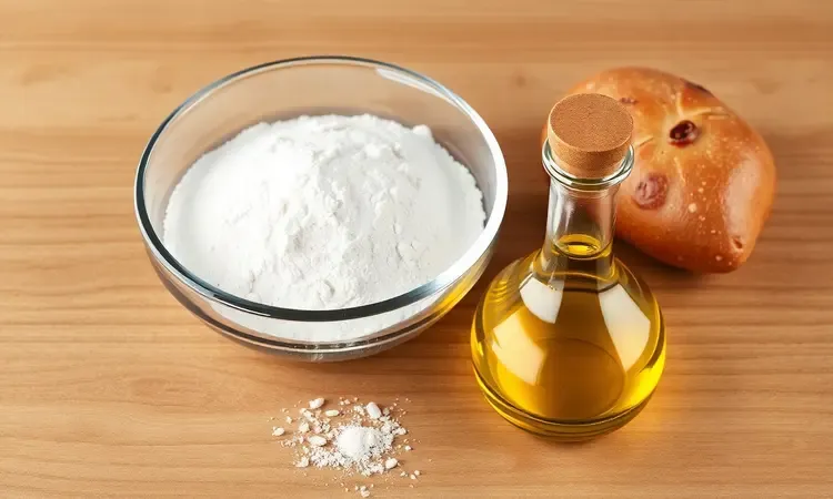 Ingredientes básicos para massa de pizza caseira em renderização 3D conceitual com farinha e azeite.