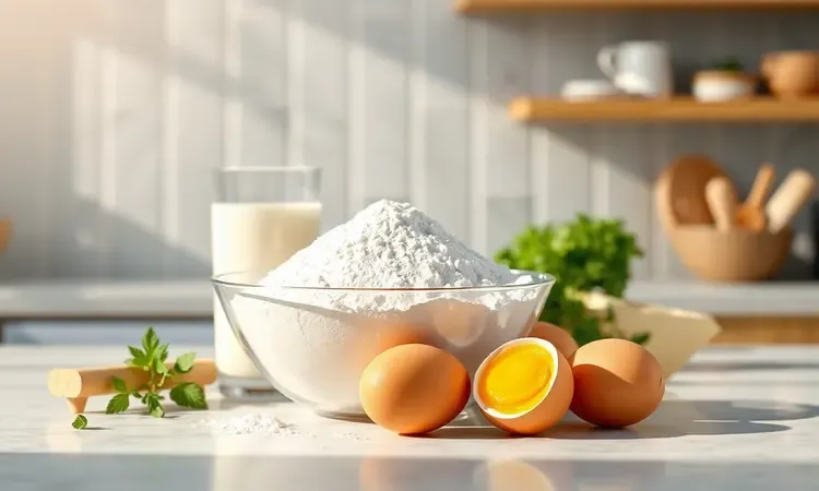 Ingredientes frescos para massa de torta salgada como farinha e ovos em uma mesa de cozinha vibrante renderizada em 3D.