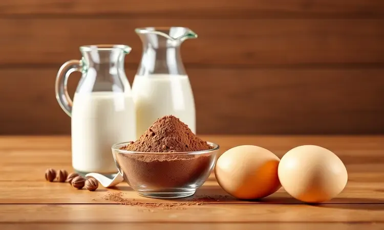 Ingredientes conceituais para fazer bolo de chocolate de caneca como cacau e leite.