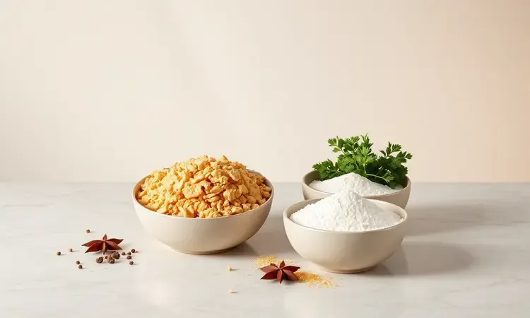 Tigelas com farinha de trigo e panko organizadas para o processo de empanar folhas vegetais em uma superfície limpa.