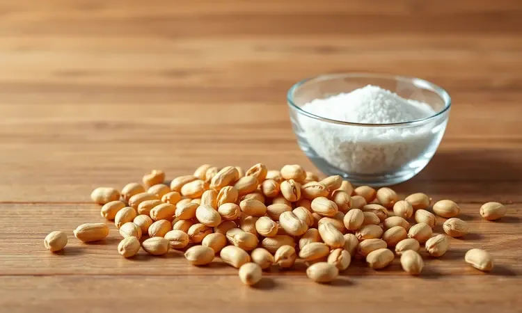 Ingredientes simples como amendoins crus e sal marinho em uma superfície de madeira minimalista.