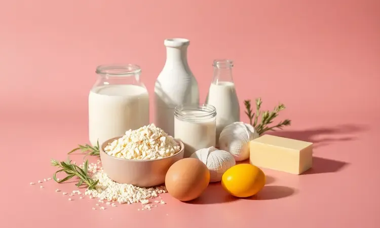 Ingredientes frescos como fubá, leite e ovos organizados artisticamente para a receita de broa, renderização 3D colorida.