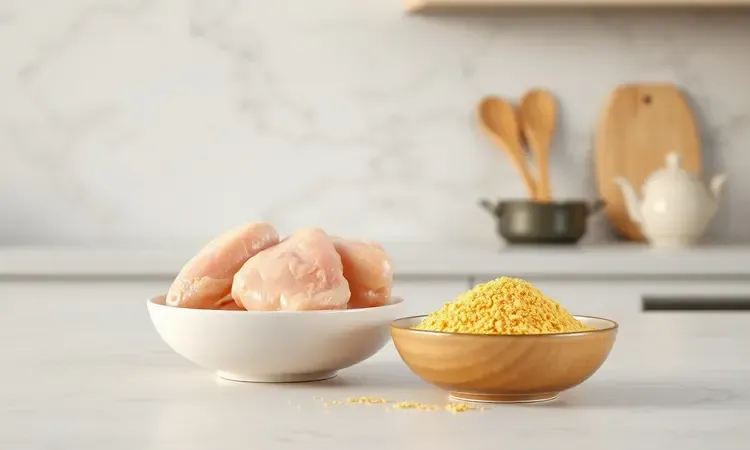 Ingredientes frescos e saudáveis para a preparação de nuggets caseiros dispostos em tigelas minimalistas.