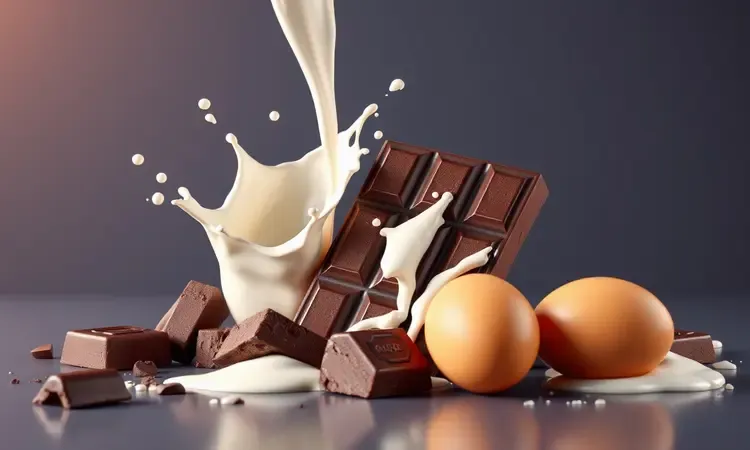Representação estilizada de ingredientes como chocolate amargo, ovos e manteiga em uma composição visual vibrante.
