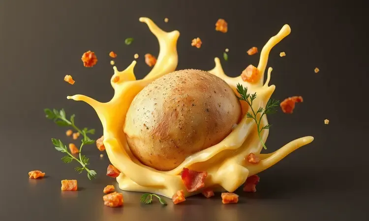 Ingredientes frescos como queijo derretido, ervas e bacon em uma composição 3D estilizada e colorida.