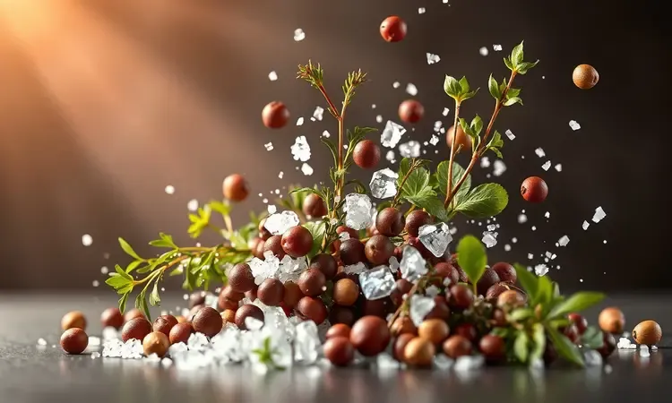 Composição artística em 3D de temperos naturais e ervas frescas em um ambiente de cozinha estilizado.