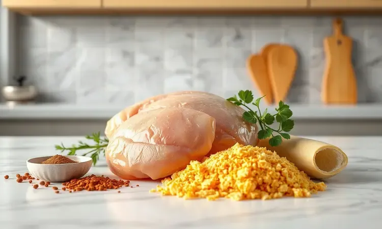 Ingredientes frescos para preparar frango à parmegiana incluindo temperos e farinha para empanar em uma composição 3D.
