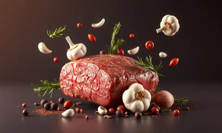 Especiarias coloridas e ervas frescas flutuando ao redor de uma peça de carne conceitual em 3D.