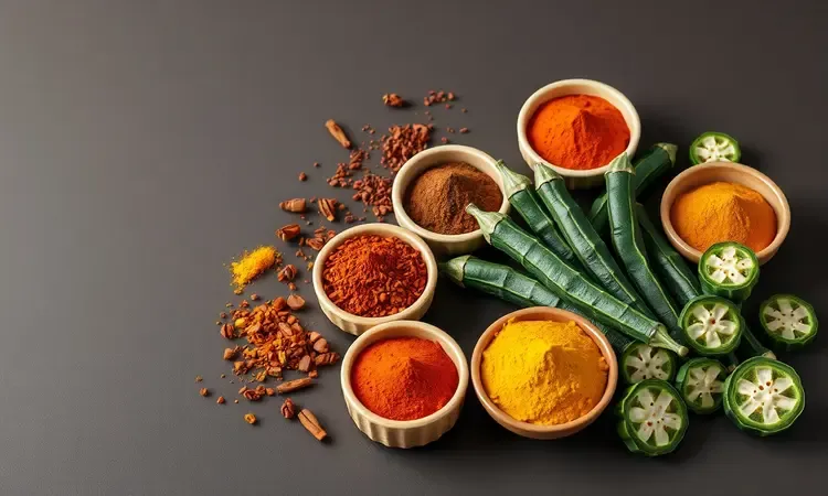 Especiarias coloridas em pequenas tigelas ao lado de quiabos fatiados para tempero.