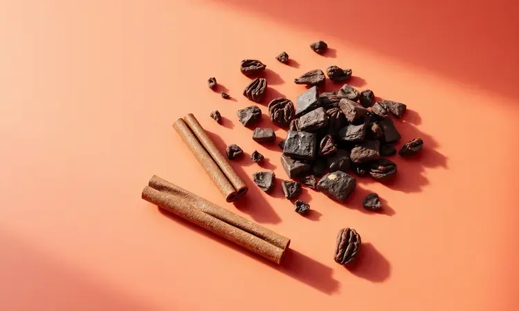 Ingredientes como canela em pau, chocolate e uvas passas organizados de forma artística para variações de pudim.