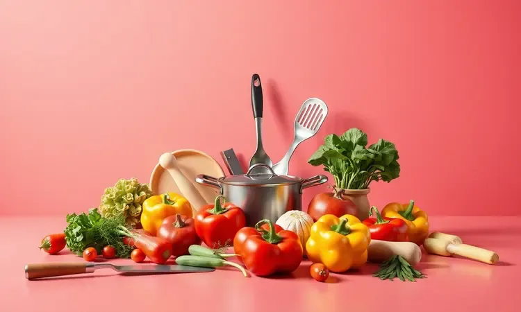 Ingredientes culinários frescos e coloridos dispostos de forma artística em uma superfície de cozinha moderna.