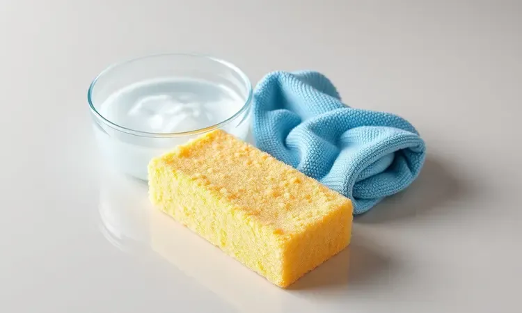 Utensílios de limpeza como esponja macia e pano de microfibra dispostos de forma organizada e colorida para higienização.