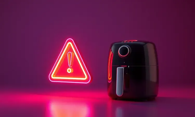 Ilustração 3D abstrata de alerta indicando perigo sobre objetos inadequados dentro de uma fritadeira elétrica.