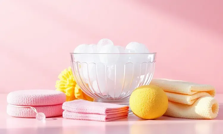 Kit conceitual de limpeza com esponjas macias e bolhas de sabão em estilo 3D vibrante.