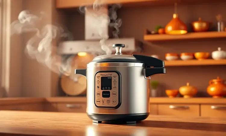 Panela de pressão moderna estilizada com vapor em ambiente de cozinha com iluminação quente e cores ricas em 3D.