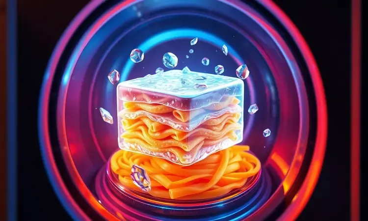 Ilustração 3D conceitual de uma lasanha sendo preparada de forma rápida em uma fritadeira elétrica moderna.