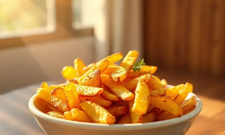 Batatas rústicas e chips de vegetais crocantes servidos em uma tigela elegante com iluminação natural.