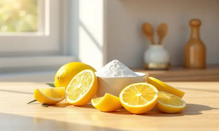 Cena estilizada com limão e ingredientes de limpeza naturais em uma bancada de cozinha moderna e iluminada.