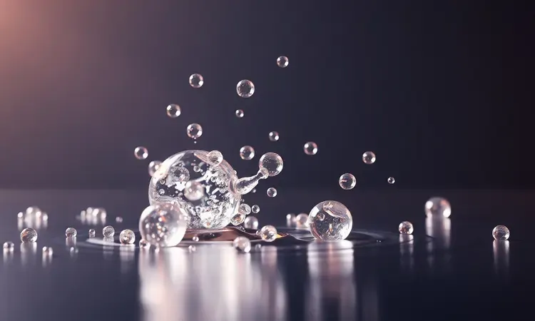 Imagem conceitual de limpeza delicada com bolhas e gotas de água sobre superfície escura lisa.