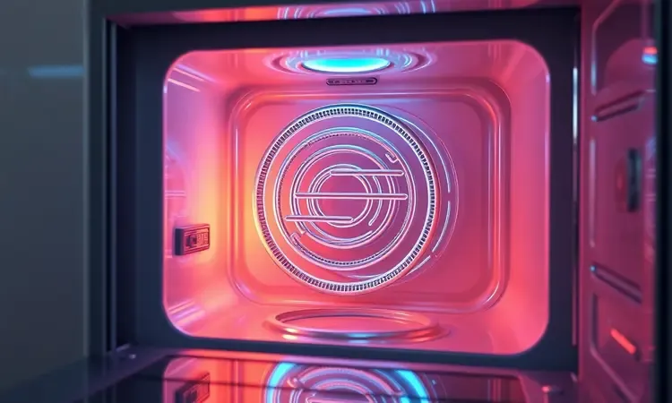 Representação 3D estilizada da parte interna de uma fritadeira elétrica com foco na bobina de aquecimento brilhante.