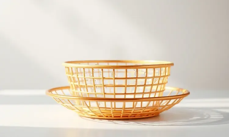 Cesto de airfryer limpo e brilhante com gotas de água simbolizando facilidade na limpeza.