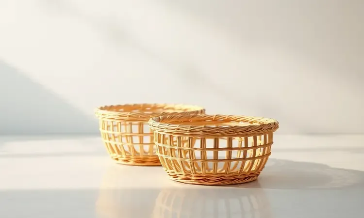 Cestos de fritadeira limpos e higienizados sobre uma bancada de cozinha moderna e brilhante.