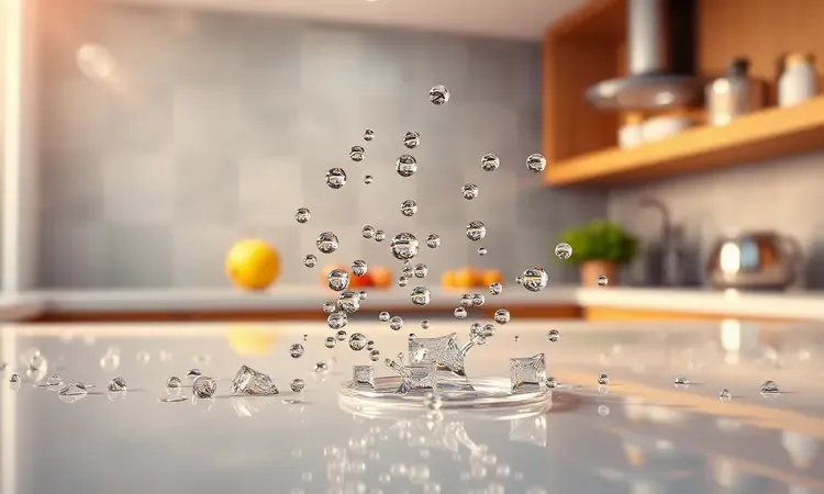 Ilustração 3D de superfícies limpas e gotas de água simbolizando facilidade de limpeza.