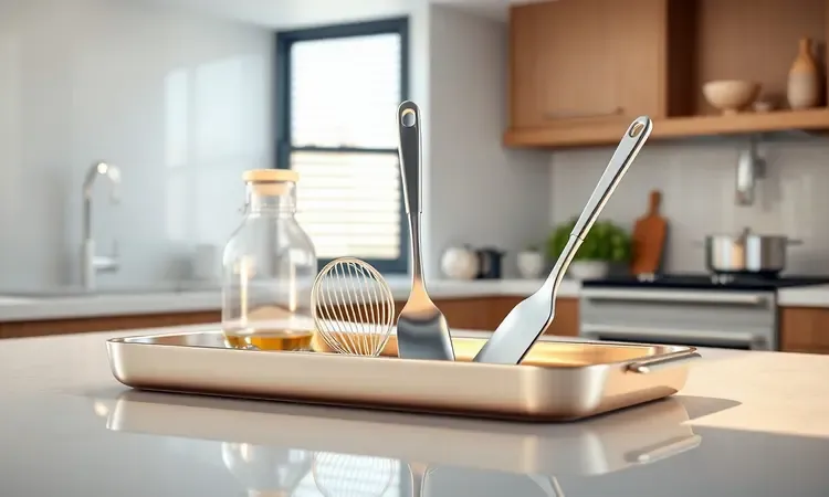 Renderização 3D de uma bandeja antiaderente limpa e brilhante em um ambiente de cozinha moderno com reflexos de luz.