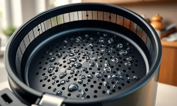 Imagem 3D detalhada de um cesto de fritadeira com revestimento antiaderente limpo e gotas de água.