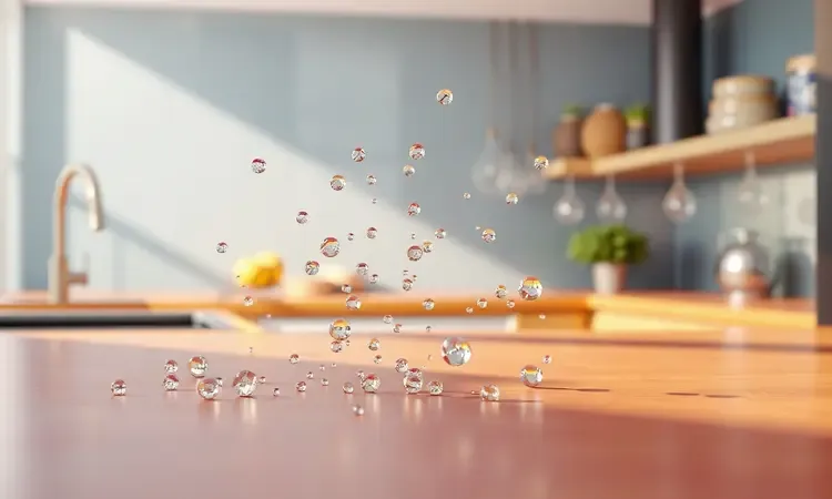 Representação conceitual 3D de limpeza e brilho com gotas de água e superfícies polidas para higienização.