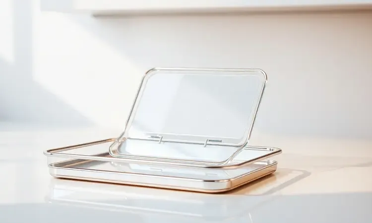 Prateleiras e acessórios de vidro de uma air fryer oven brilhando de limpos em uma bancada de cozinha moderna.