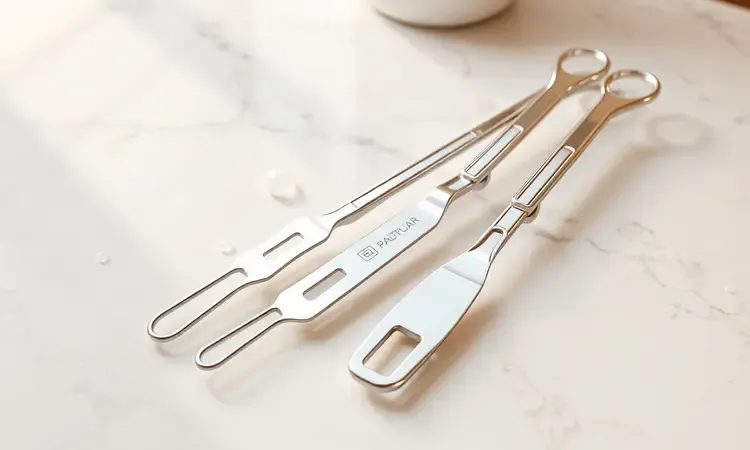 Acessórios de inox limpos e brilhantes dispostos de forma artística em uma bancada de mármore.