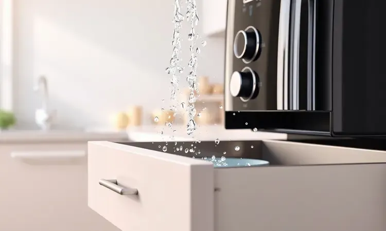 Representação da limpeza simplificada de uma air fryer com gotas de água brilhantes e ambiente limpo.