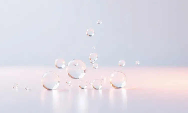 Elementos 3D de bolhas e gotas de água cristalina representando a limpeza e higiene do cesto antiaderente.