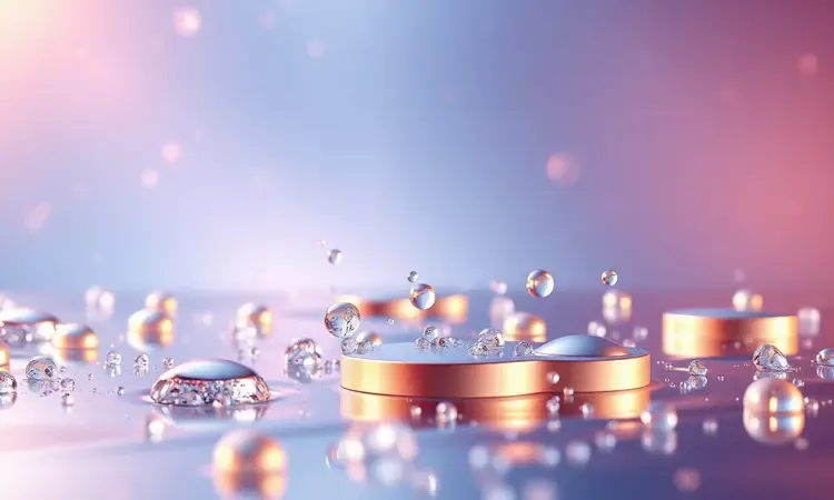 Superfícies metálicas limpas e brilhantes com gotas de água estilizadas em uma renderização 3D colorida.