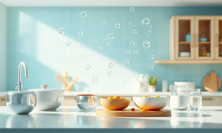 Ilustração 3D de limpeza e manutenção com bolhas de água e superfícies brilhantes impecáveis.