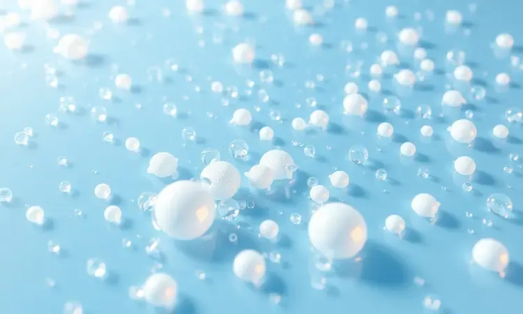Cena conceitual 3D com bolhas de sabão suaves e gotas de água cristalinas sobre uma superfície impecavelmente limpa.