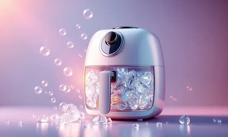 Imagem 3D vibrante de uma air fryer brilhando de limpeza com elementos abstratos de água e frescor.