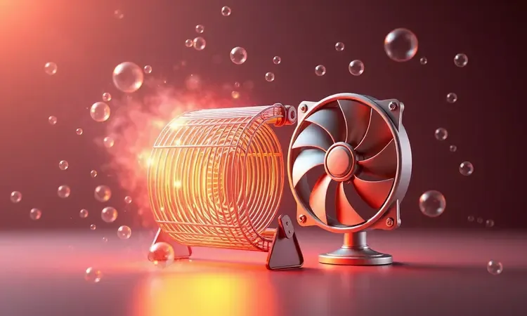Representação artística 3D de uma resistência metálica e ventoinha envoltas em bolhas de limpeza brilhantes.