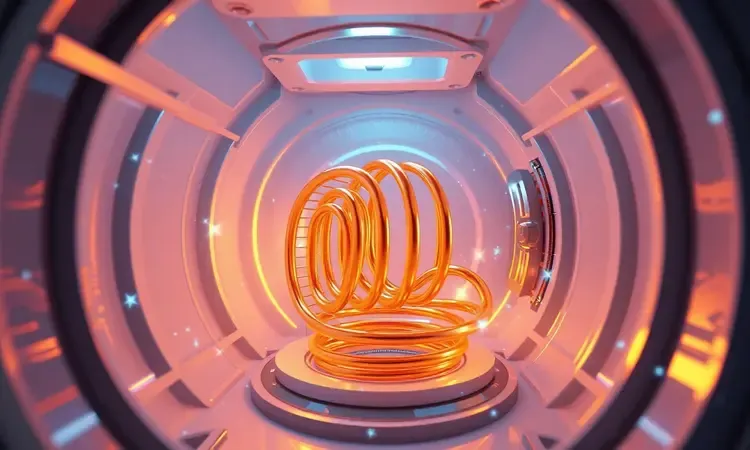 Representação conceitual 3D de uma resistência de fritadeira elétrica limpa e brilhante com luzes douradas.