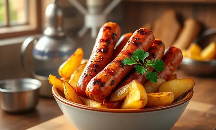 Uma travessa colorida com linguiças assadas e batatas rústicas douradas e crocantes, decoradas com temperos verdes.