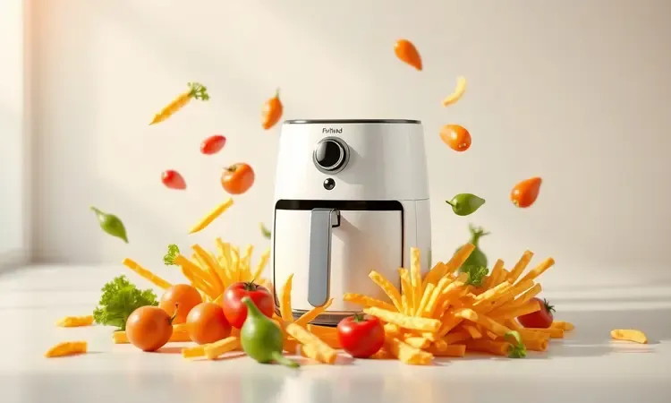 Fritadeira elétrica conceitual cercada por vegetais frescos e batatas douradas em estilo 3D.