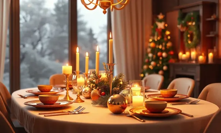 Mesa de jantar festiva com decoração natalina em tons dourados para servir lombo recheado.