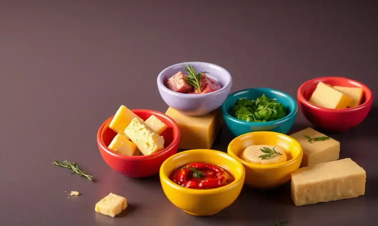 Variedade de manteigas temperadas com ervas e especiarias em pequenos potes coloridos.
