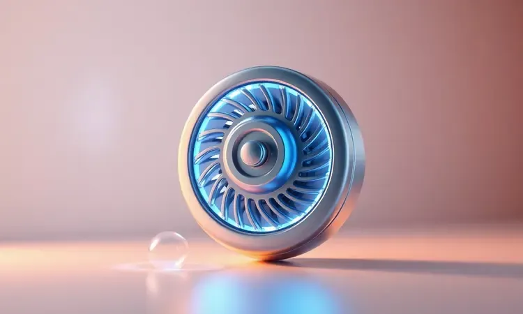 Representação 3D limpa e minimalista de componentes internos estilizados de um eletrodoméstico brilhando em tons de azul e branco.